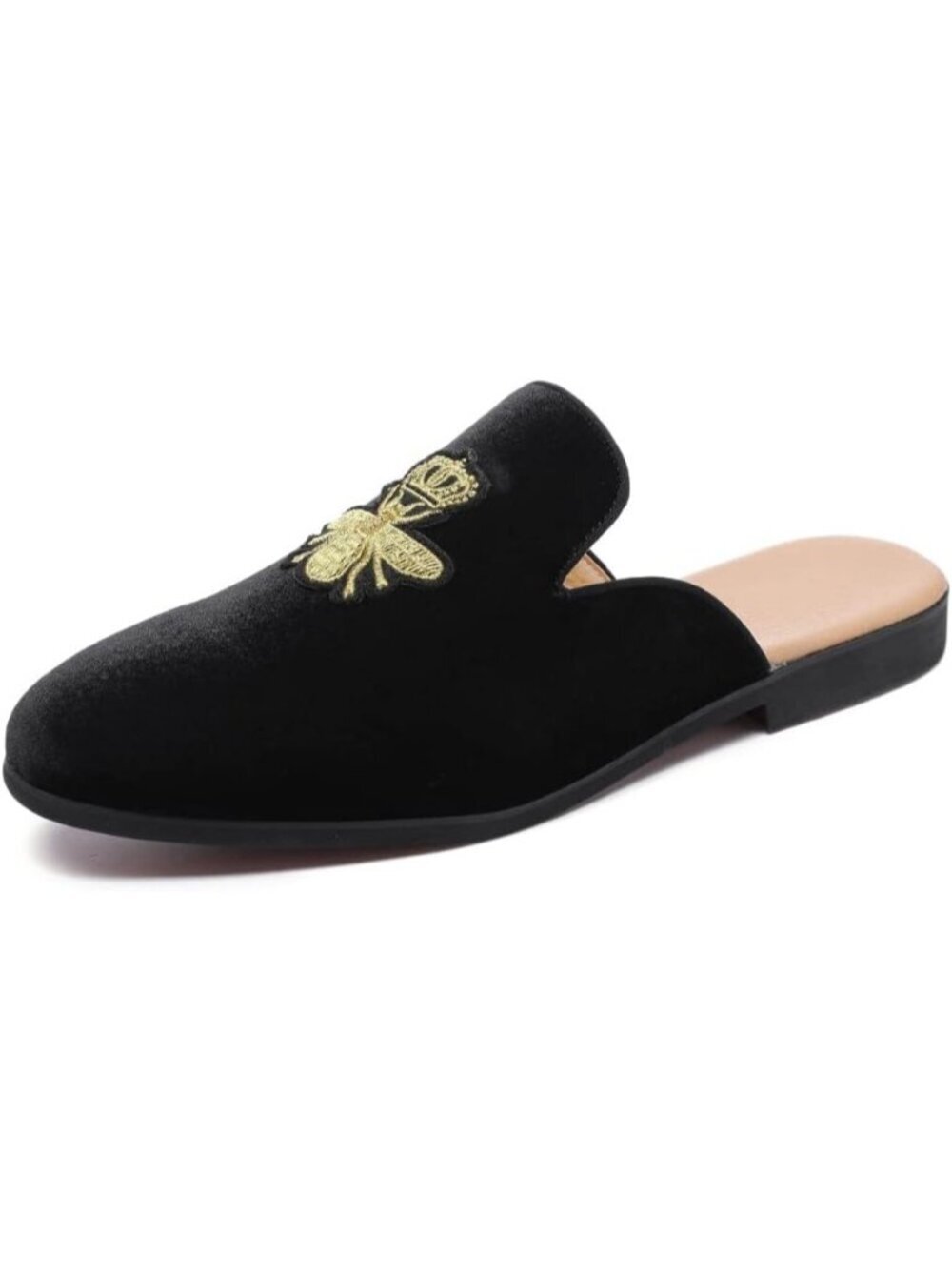 Men's Black Rubber Sole Velvet Leather Crown Embroidery Slip On Loafer Slippers